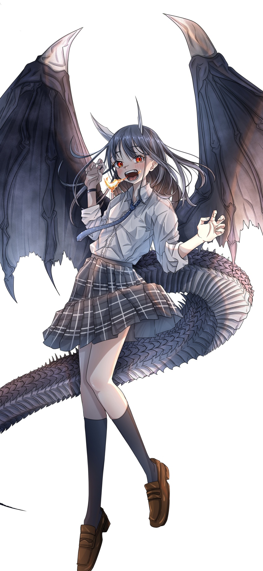 1girl, absurdres, aoki_ruri, black_hair, black_wings, blue_necktie, blush, breath_weapon, breathing_fire, brown_shoes, collared_shirt, commentary_request, dragon_girl, dragon_horns, dragon_tail, dragon_wings, eyelashes, fire, full_body, highres, horns, kagura_(05410zura), loafers, long_hair, long_sleeves, looking_at_viewer, necktie, open_mouth, plaid_clothes, plaid_skirt, pleated_skirt, polka_dot_necktie, red_eyes, ruridragon, school_uniform, sharp_teeth, shirt, shoes, sidelocks, simple_background, skirt, sleeves_rolled_up, slit_pupils, solo, standing, swept_bangs, tail, teeth, white_background, white_shirt, wings