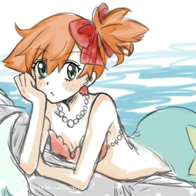 1girl, asymmetrical_hair, bare_shoulders, bikini, bikini_top_only, blush, bow, breasts, earrings, female_focus, gen_1_pokemon, green_eyes, gym_leader, hair_bow, hair_ornament, hair_tie, hakuya_1023, jewelry, legs, looking_at_viewer, lying, mermaid, mermaid_misty_(pokemon), misty_(pokemon), monster_girl, monsterification, necklace, nintendo, on_stomach, orange_hair, pokemon, pokemon_(anime), pokemon_(classic_anime), pokemon_red/green/blue/yellow, ponytail, rock, seashell, shell, shell_bikini, short_hair, side_ponytail, small_breasts, solo, swimsuit, water