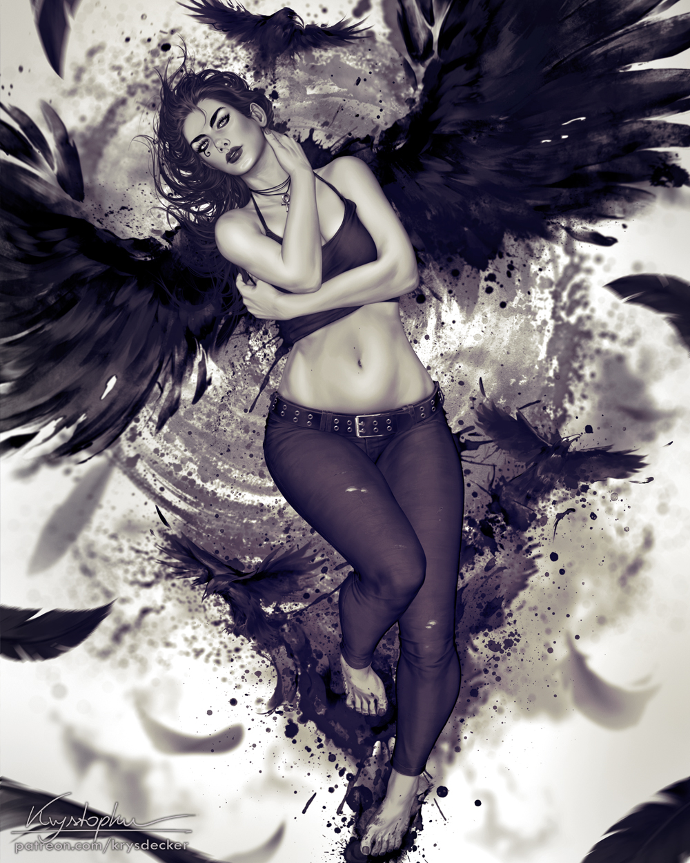 1girl, barefoot, belt, bird, breasts, camisole, cleavage, commentary