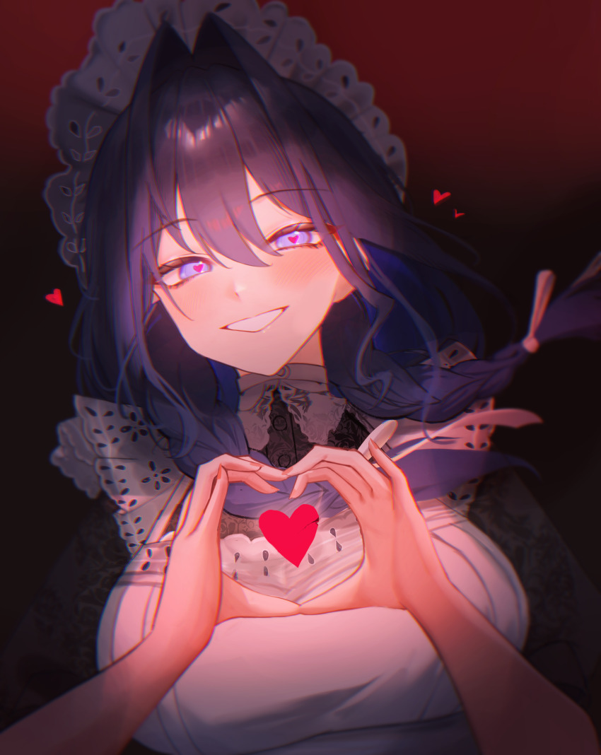 1girl, absurdres, apron, black_dress, blue_eyes, blue_hair, blush, braid, breasts, bush, dress, embroidered_dress, embroidery, gradient_background, hair_intakes, hat, heart, heart-shaped_pupils, heart_hands, highres, hololive, hololive_english, large_breasts, long_hair, looking_at_viewer, loveit?_(biz), low_twin_braids, maid, maid_apron, maviss_03, mob_cap, official_alternate_costume, official_alternate_hairstyle, ouro_kronii, ouro_kronii_(maid), puritan_collar, red_background, simple_background, solo, symbol-shaped_pupils, twin_braids, upper_body, victorian_maid, virtual_youtuber, white_apron