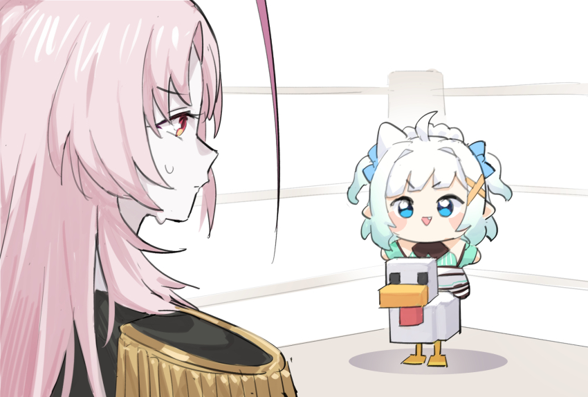 2girls, :d, a_minecraft_movie, ahoge, aqua_hair, arthropod_girl, blue_bow, blue_eyes