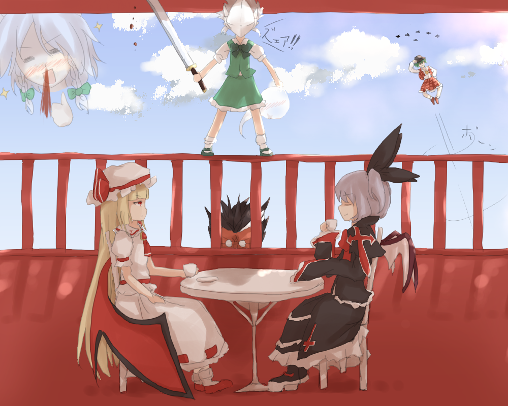 5girls, arc_system_works, blazblue, blazblue:_calamity_trigger, blonde_hair, blood, blue_hair, cosplay