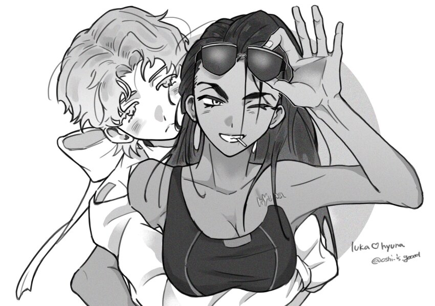 1boy, 1girl, adjusting_eyewear, alien_stage, breasts, chest_tattoo, cleavage, commentary