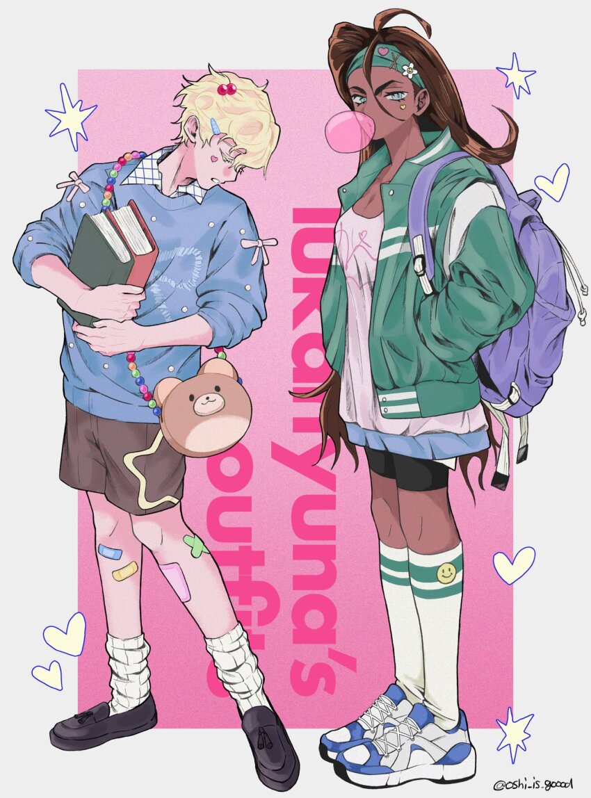 1boy, 1girl, alien_stage, alternate_costume, animal_bag, backpack, bag, bandaid