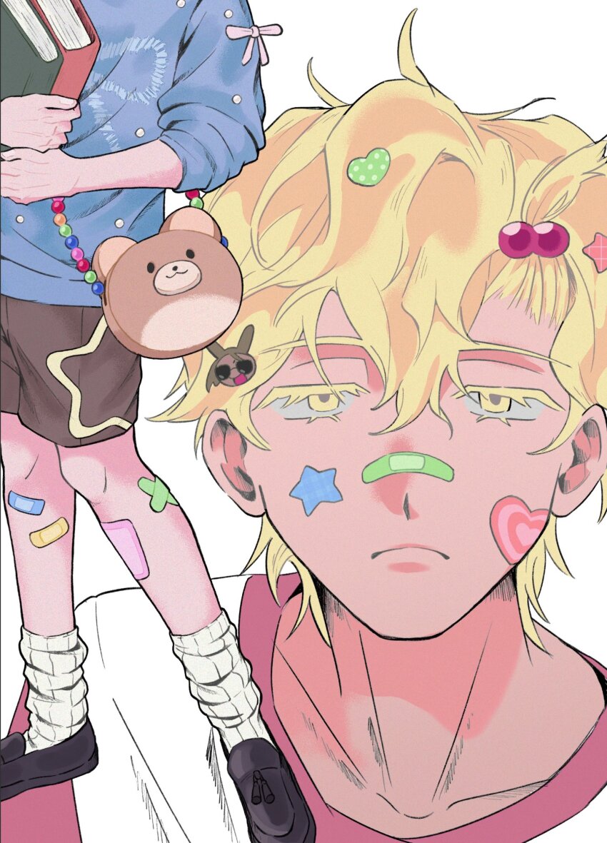 1boy, alien_stage, alternate_costume, animal_bag, bandaid, bandaid_on_face, bandaid_on_leg, bandaid_on_nose