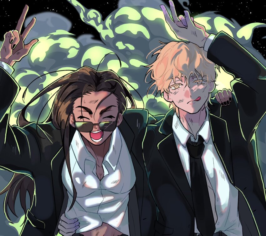 1boy, 1girl, alien_stage, arm_around_another's_waist, arm_up, black_jacket, black_nails, black_necktie