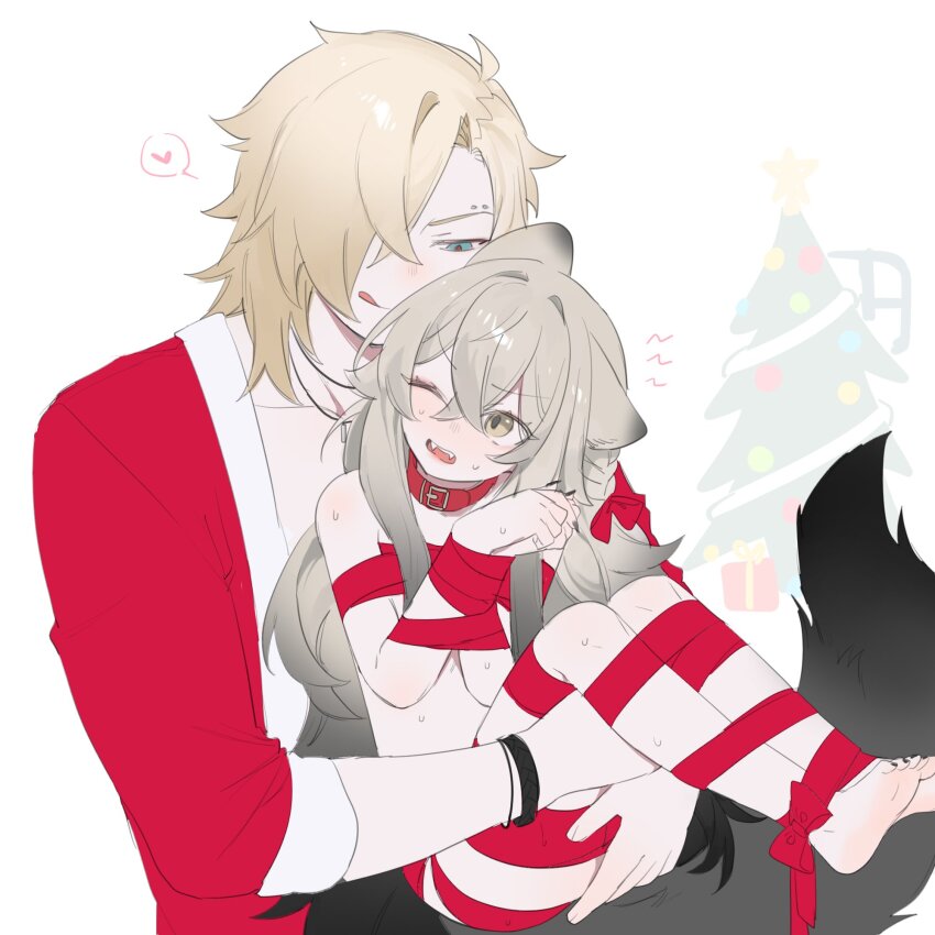 1boy, 1girl, animal_ears, blonde_hair, blue_eyes, bound, brown_eyes, carrying