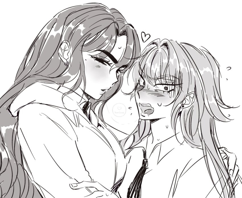 2girls, alien_stage, blush, collared_shirt, commentary, earrings, english_commentary, genderswap