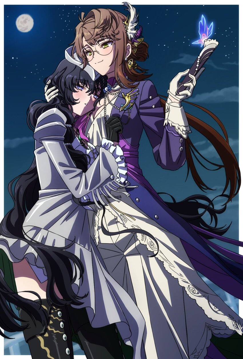 2girls, black_hair, brown_hair, bug, butterfly, folded_fan, folding_fan, full_moon