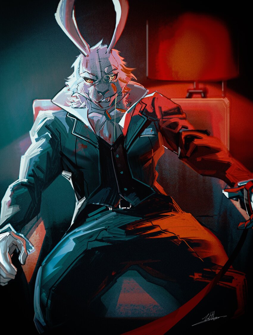 1boy, absurdres, animal_ears, black_pants, black_suit, blood, blood_on_clothes, blood_on_face