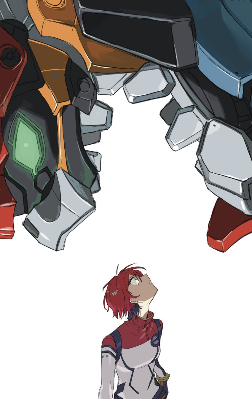 1girl, 1other, amate_yuzuriha, aqua_eyes, bodysuit, breasts, commentary_request, gquuuuuux, green_eyes, gundam, gundam_gquuuuuux, highres, m_manjyu, mecha, mecha_pilot_suit, mobile_suit, multicolored_bodysuit, normal_suit_(gundam), open_mouth, red_hair, robot, science_fiction, short_hair, simple_background, teeth, v-fin, white_background