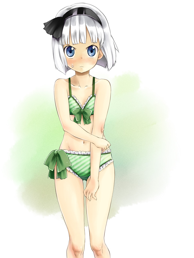 1girl, bikini, bikini_ribbon, blue_eyes, blush, bob_cut, bow, collarbone