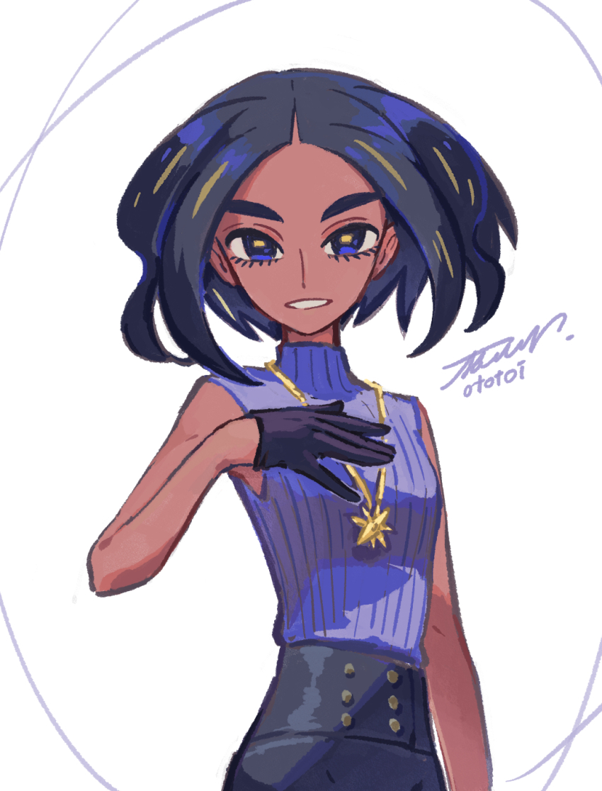 1girl, alternate_costume, alternate_hair_length, alternate_hairstyle, artist_name, black_gloves, black_hair, blue_eyes