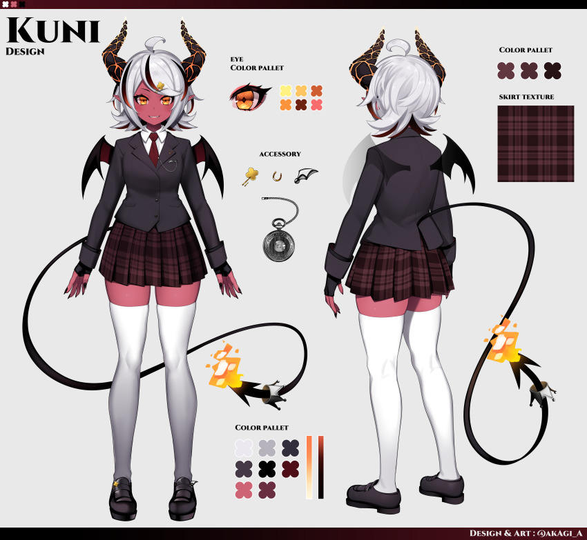 1girl, absurdres, ahoge, akagi_(sk0127aho), black_gloves, black_jacket, black_nails, black_shoes, black_wings, blazer, character_name, collared_shirt, colored_skin, crown, demon_girl, demon_horns, demon_tail, ear_piercing, fingerless_gloves, fire, flame-tipped_tail, full_body, gloves, grey_hair, highres, horns, horseshoe_ornament, indie_virtual_youtuber, jacket, kuni_(vtuber), multicolored_hair, necktie, piercing, plaid_clothes, plaid_skirt, pocket_watch, pointy_ears, red_necktie, red_skin, reference_sheet, school_uniform, shirt, shoes, skirt, streaked_hair, tail, thighhighs, virtual_youtuber, watch, white_shirt, white_thighhighs, wings