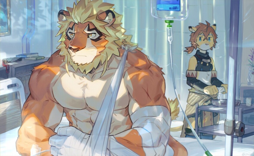 abs, animal_ears, arm_sling, bandaged_arm, bandaged_hand, bandages, bara, closed_mouth