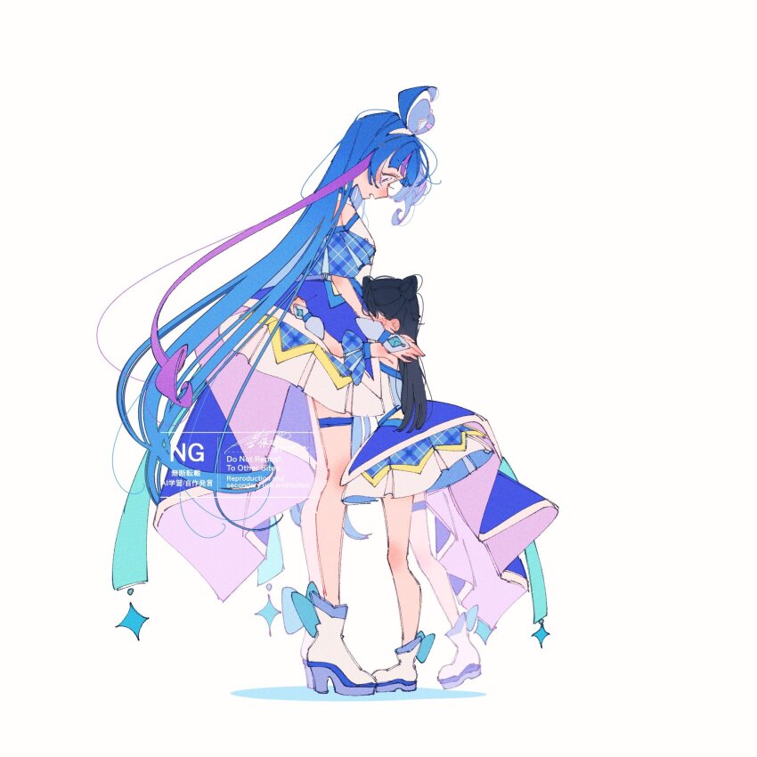 2girls, age_difference, ankle_boots, aoi_tete, aokaze_nana, black_hair, blue_dress, blue_hair