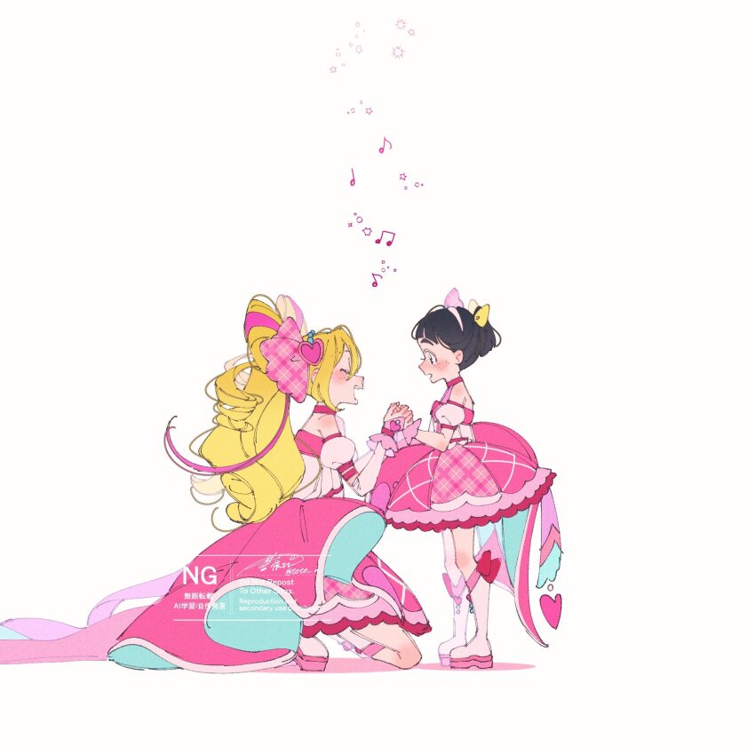 2girls, age_difference, aoi_tete, black_hair, blonde_hair, boots, bow, bow-shaped_hair