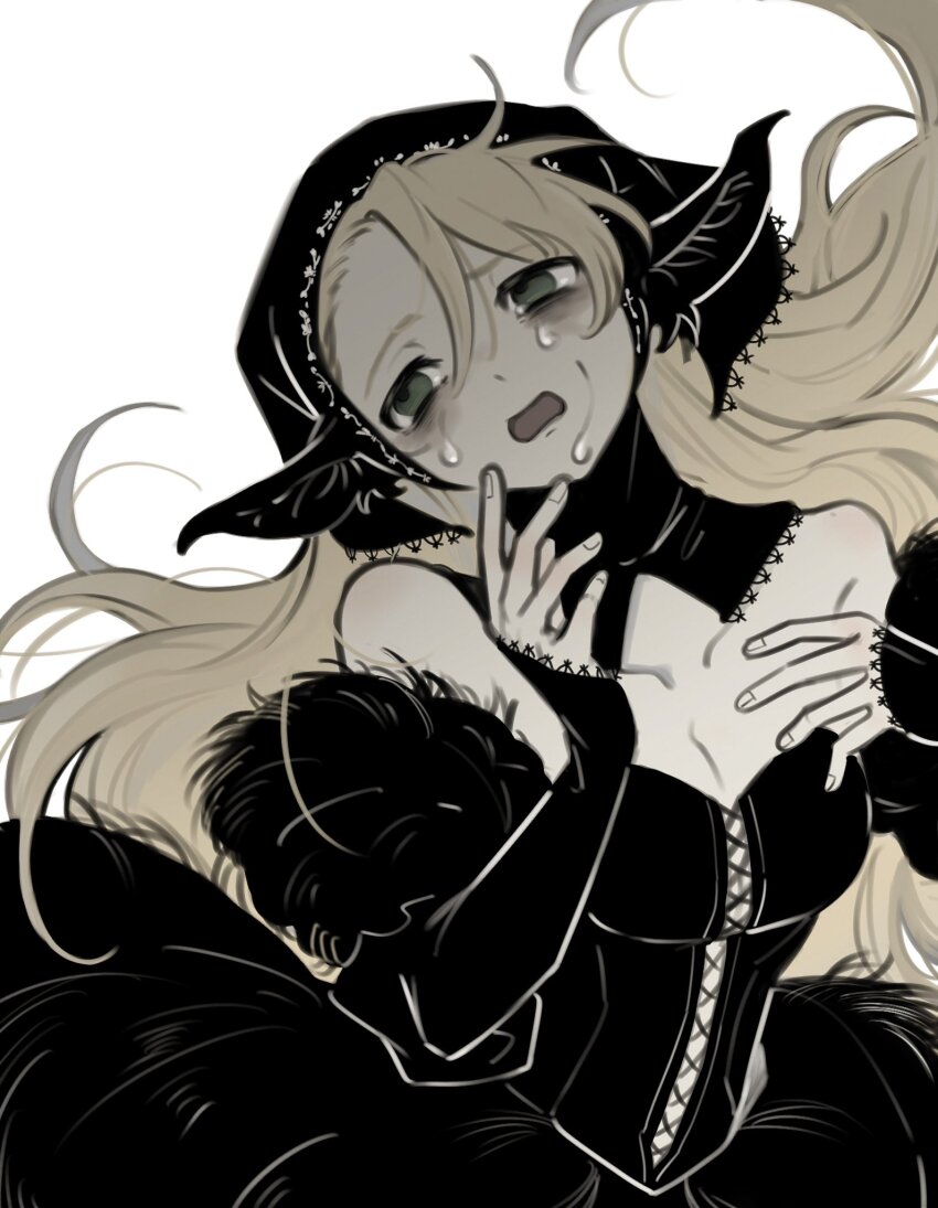 1girl, black_dress, black_hood, blonde_hair, breasts, crying, crying_with_eyes_open, detached_hood, dress, dungeon_meshi, fur_dress, green_eyes, hair_between_eyes, highres, hood, long_hair, marcille_donato, marcille_donato_(lord), morning_(d0nteat), open_mouth, simple_background, solo, spoilers, tears, white_background