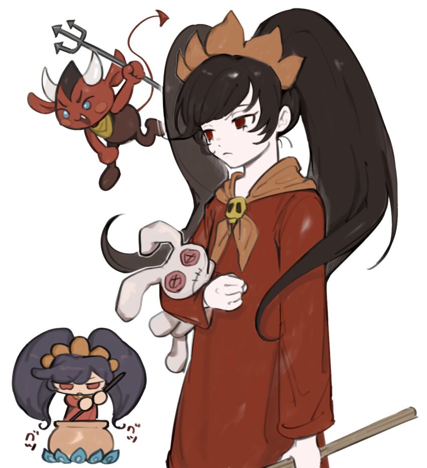 1girl, ashley_(warioware), black_hair, blue_eyes, brooch, cauldron, closed_mouth, commentary, dress, fang, hairband, highres, holding, holding_pitchfork, holding_stuffed_toy, jewelry, long_hair, long_sleeves, morning_(d0nteat), multiple_views, neckerchief, nintendo, open_mouth, orange_hairband, orange_neckerchief, pitchfork, red_(warioware), red_dress, red_eyes, simple_background, skull_brooch, stuffed_animal, stuffed_rabbit, stuffed_toy, twintails, warioware, white_background