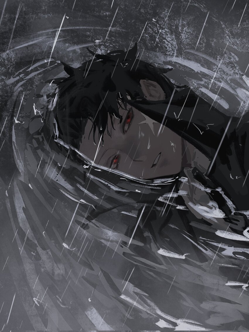 1boy, black_hair, black_jacket, black_necktie, cross_scar, facial_scar, high_collar, highres