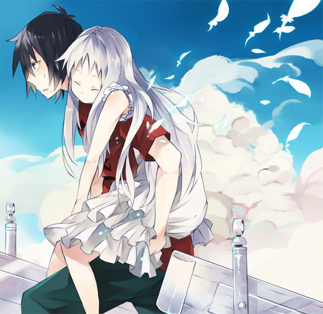 10s, 1boy, 1girl, ano_hi_mita_hana_no_namae_wo_bokutachi_wa_mada_shiranai., bad_id, bad_pixiv_id, bare_shoulders, black_hair, carrying, cloud, day, dress, closed_eyes, feathers, honma_meiko, komura, long_hair, piggyback, short_hair, silver_hair, sky, walking, white_dress, yadomi_jinta, yellow_eyes