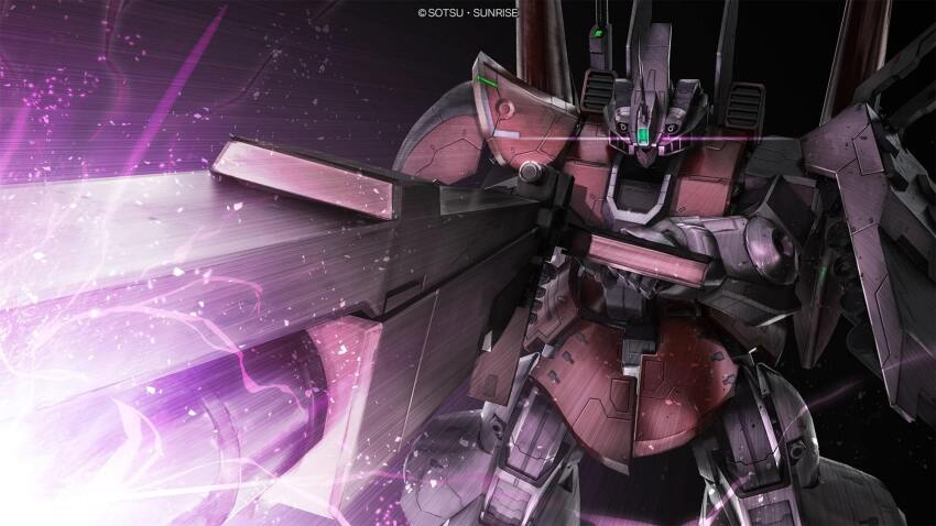 aiming, artist_request, battle, beam_rifle, cable, copyright_logo, dijeh, energy_gun, glowing, glowing_eye, gundam, highres, logo, machinery, mecha, mecha_focus, mobile_suit, moon_gundam, no_humans, official_art, realistic, rick_dijeh_kai, robot, science_fiction, shield, weapon