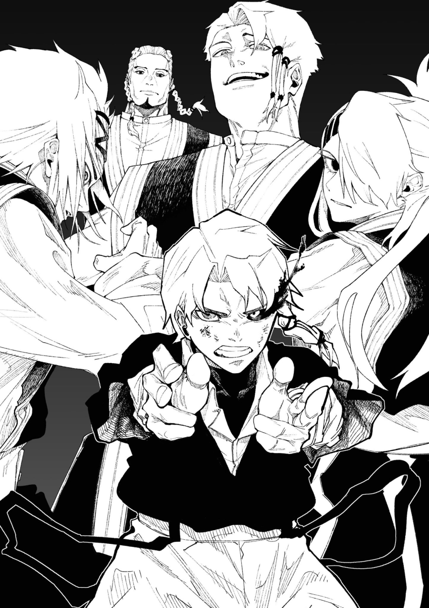 1girl, 4boys, beard, braid, clenched_teeth, cowboy_shot, facial_hair, greyscale, hair_over_one_eye, hands_up, highres, jacket, kagurabachi, long_hair, long_sleeves, monochrome, multiple_boys, open_mouth, pants, profile, sazanami_enji, sazanami_hakuri, sazanami_souya, sazanami_tamaki, sazanami_tenri, shirt, short_hair, siblings, side_braid, simple_background, smile, standing, teeth, twin_braids, upper_body, yamagata_(user_ymrx4758)