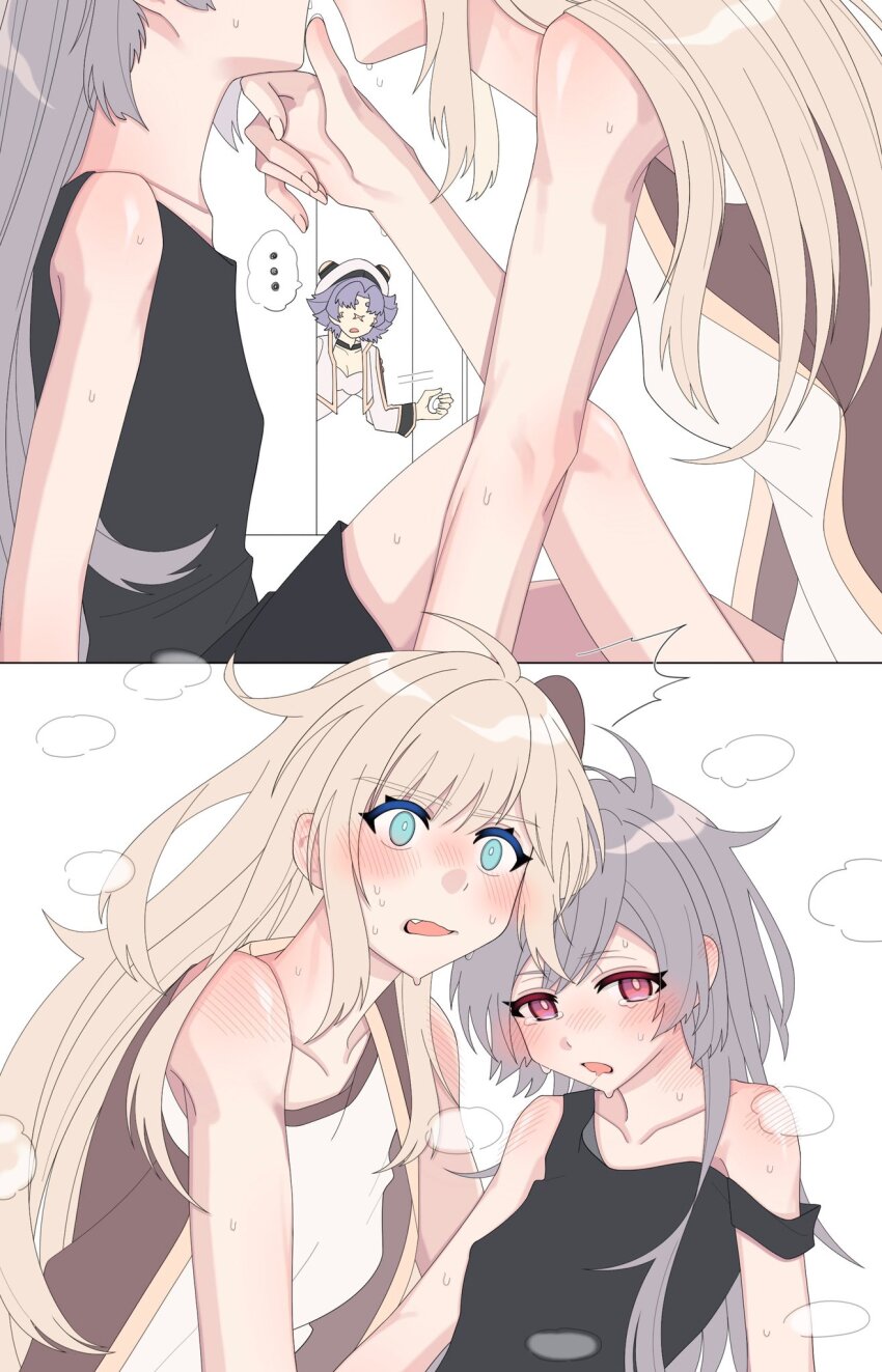 3girls, blonde_hair, blush, breasts, brown_necktie, caught, clothed_sex, door