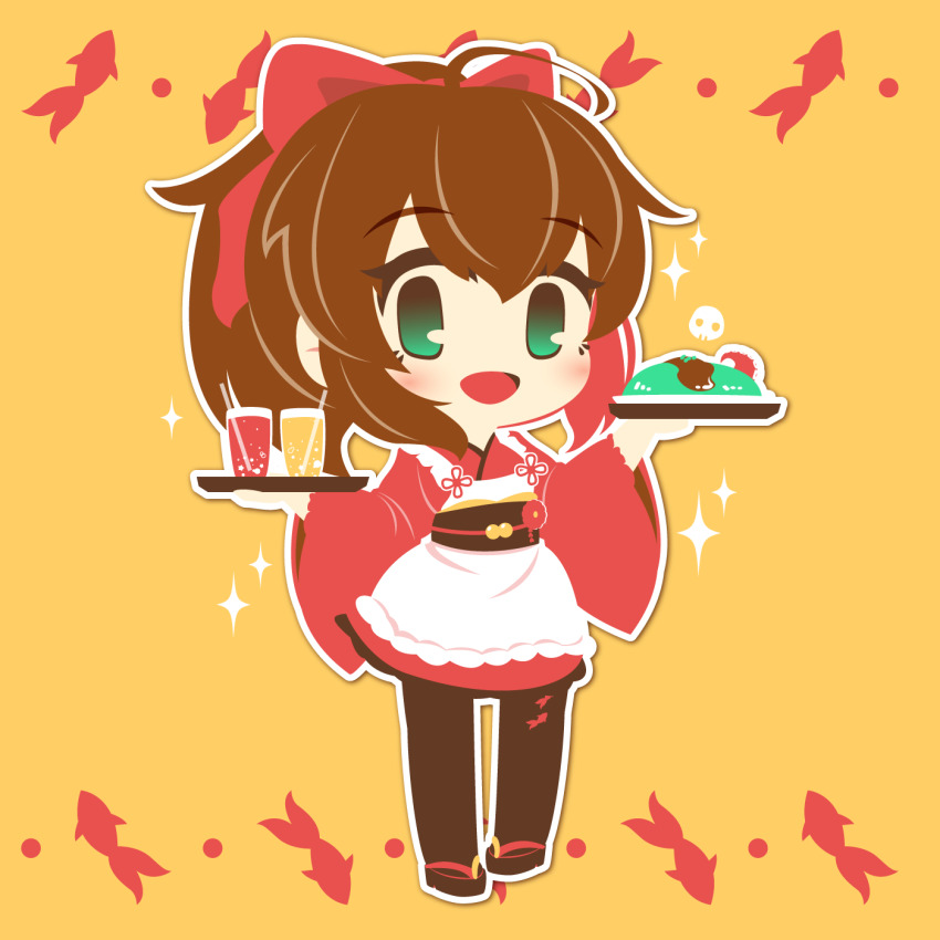 1girl, ahoge, bad_food, battle_girl_high_school, bow, brown_hair, chibi, chibi_only