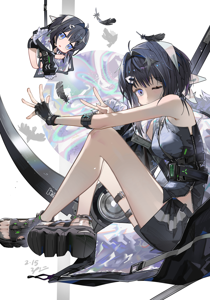 1girl, absurdres, arknights, bare_shoulders, bird, black_feathers, black_gloves, black_hair