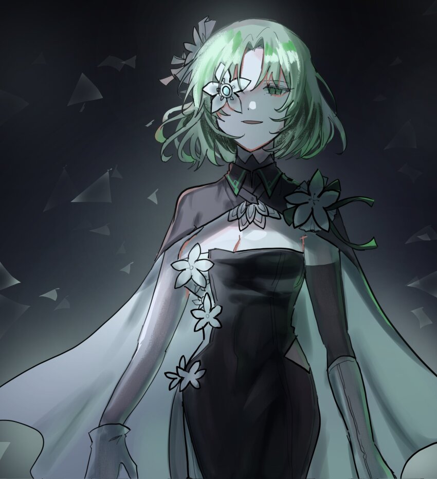 1girl, arcaea, black_cape, black_dress, breasts, cape, cleavage, dress