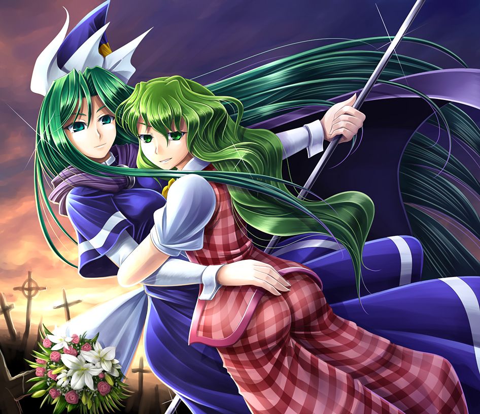 2girls, ass, blush, cross, dress, female_focus, flower, green_eyes