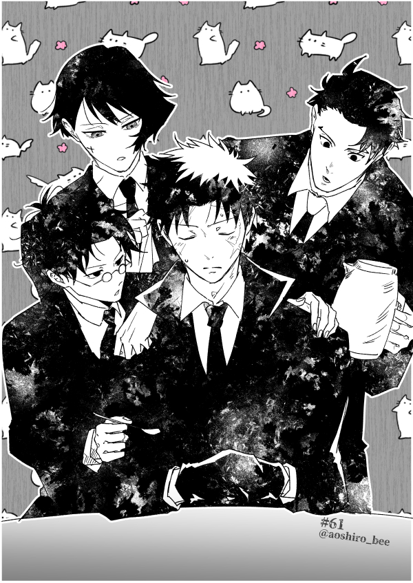 1girl, 3boys, aoshiro_(aoshiro_bee), closed_eyes, coat, collared_shirt, cross, cross_facial_mark