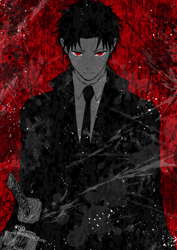 1boy, aoshiro_(aoshiro_bee), closed_mouth, coat, collared_shirt, facial_scar, formal_clothes, greyscale_with_colored_background