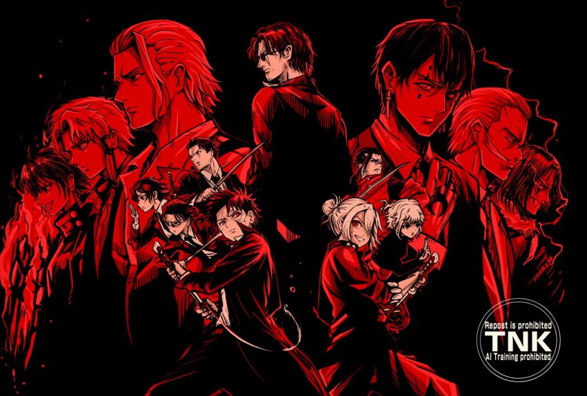 3girls, 6+boys, black_hair, braid, coat, collared_shirt, cowboy_shot, earrings