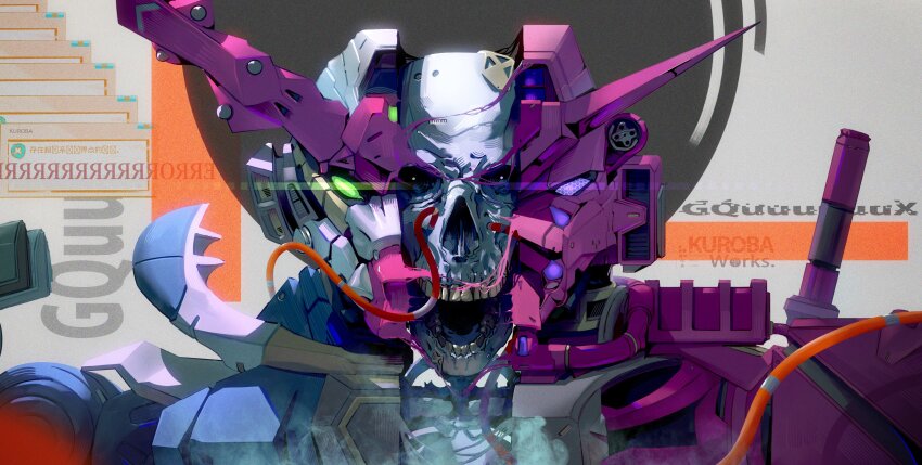 absurdres, cable, glowing, glowing_eye, gquuuuuux, green_eyes, gundam, gundam_gquuuuuux, highres, kurobameiyos, looking_at_viewer, mecha, mecha_focus, mobile_suit, no_humans, open_mouth, purple_eyes, red_gundam, robot, science_fiction, skeleton, skull, teeth, v-fin, zooming_in