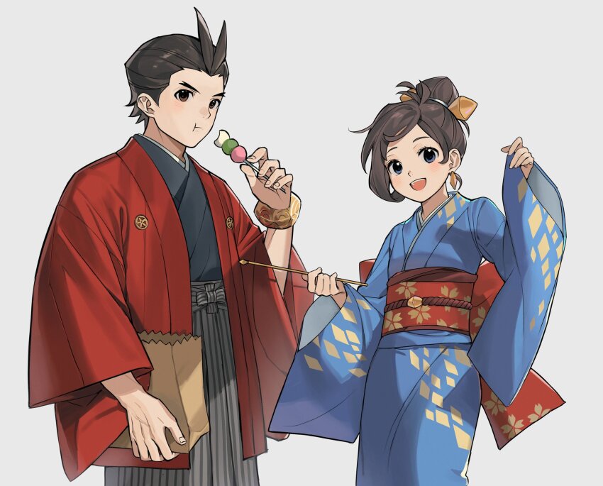 1boy, 1girl, ace_attorney, antenna_hair, apollo_justice, bag, black_kimono, blue_eyes