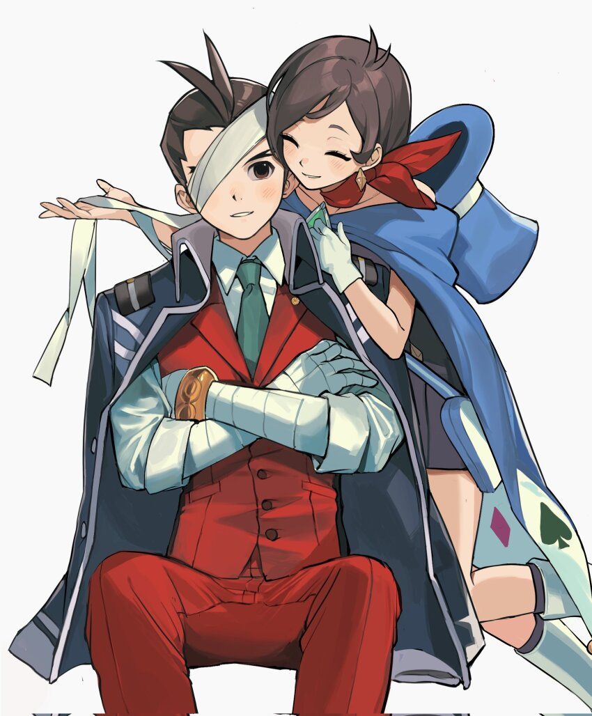1boy, 1girl, ace_attorney, apollo_justice, bandaged_arm, bandaged_hand, bandaged_head, bandages