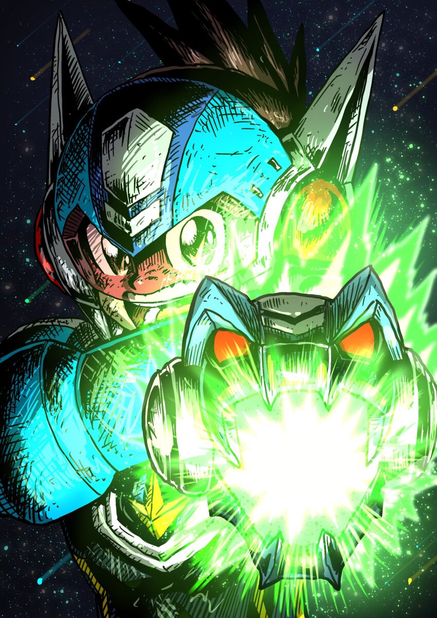 1boy, aiming, aiming_at_viewer, arm_cannon, blue_helmet, brown_hair, firing, geo_stelar_(mega_man), helmet, highres, itagaki_masaya, male_focus, mega_man_(series), mega_man_star_force_(series), red-tinted_eyewear, solo, star_(sky), star_force_mega_man, tinted_eyewear, upper_body, weapon