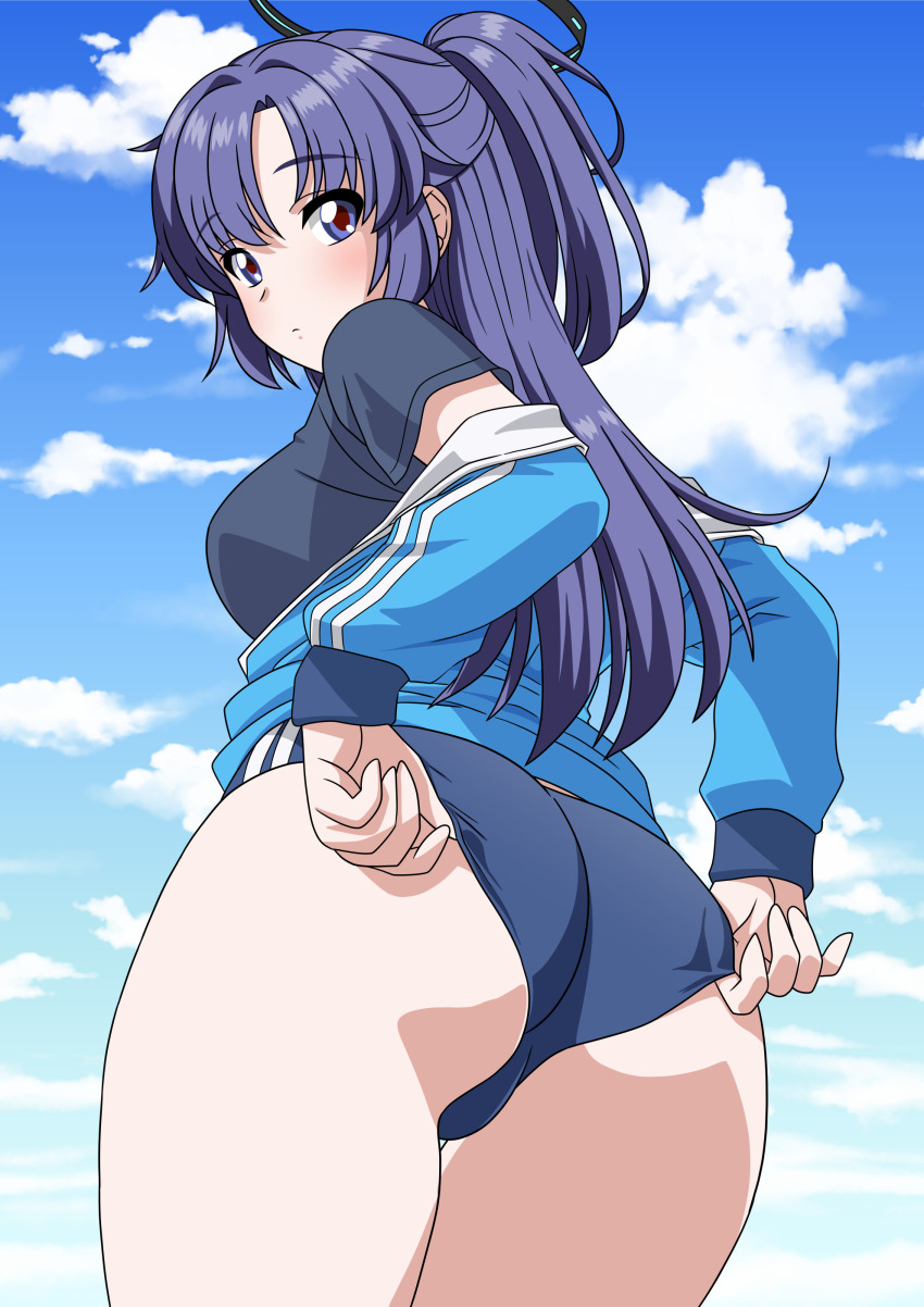 1girl, absurdres, adjusting_buruma, adjusting_clothes, ass, black_shirt, blue_archive, blue_buruma