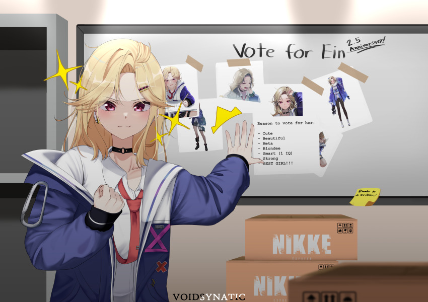 1girl, :3, ^^^, absurdres, anniversary, artist_name, black_choker, blonde_hair, blush, box, choker, clenched_hand, closed_mouth, collarbone, collared_shirt, commentary, commission, copyright_name, curtained_hair, earbuds, earphones, ein_(nikke), english_commentary, goddess_of_victory:_nikke, highres, jacket, long_sleeves, looking_at_viewer, necktie, parted_bangs, pink_eyes, red_necktie, shirt, solo, sparkle, sticky_note, upper_body, voidsynatic, white_shirt, whiteboard