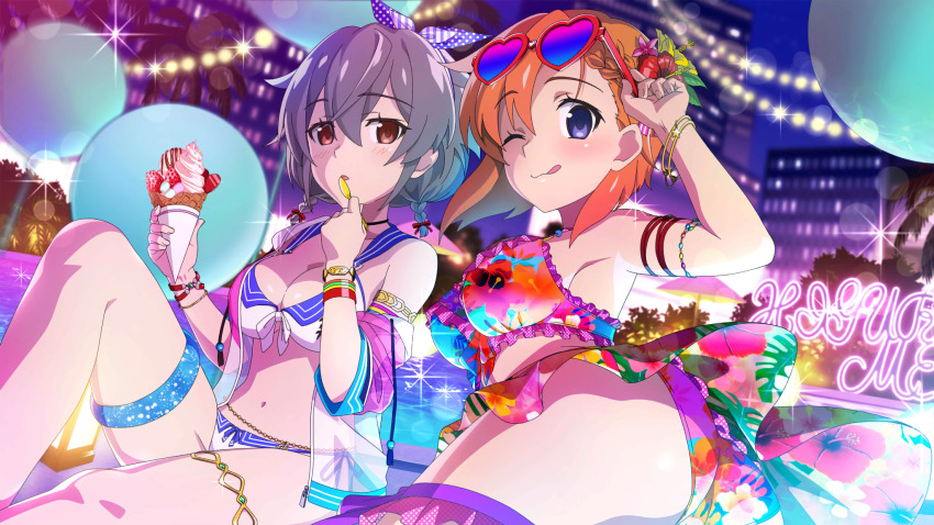 2girls, ;q, adjusting_eyewear, armlet, armpits, ass, balloon, bikini