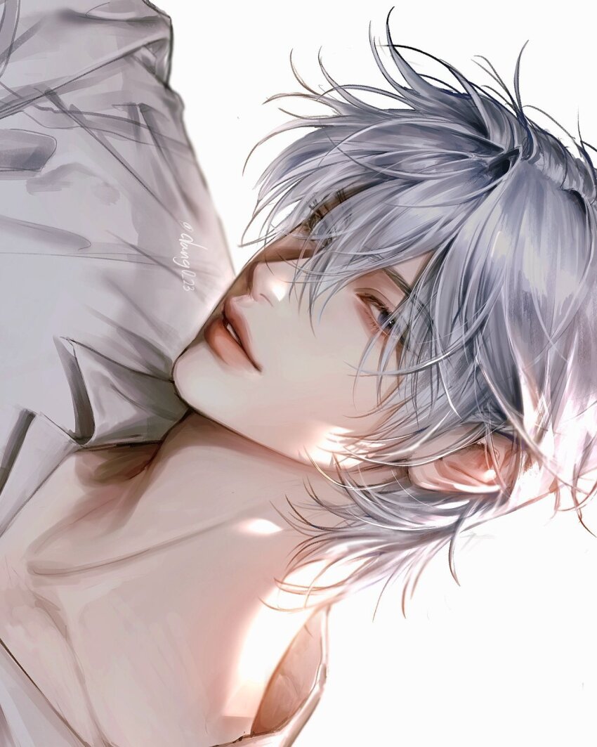 1boy, collarbone, commentary, dang0_23, eyeshadow, grey_eyes, grey_hair, hair_between_eyes