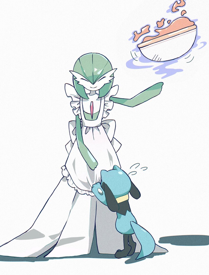 apron, blue_fur, bob_cut, bowl, closed_eyes, colored_skin, dress, flying_sweatdrops