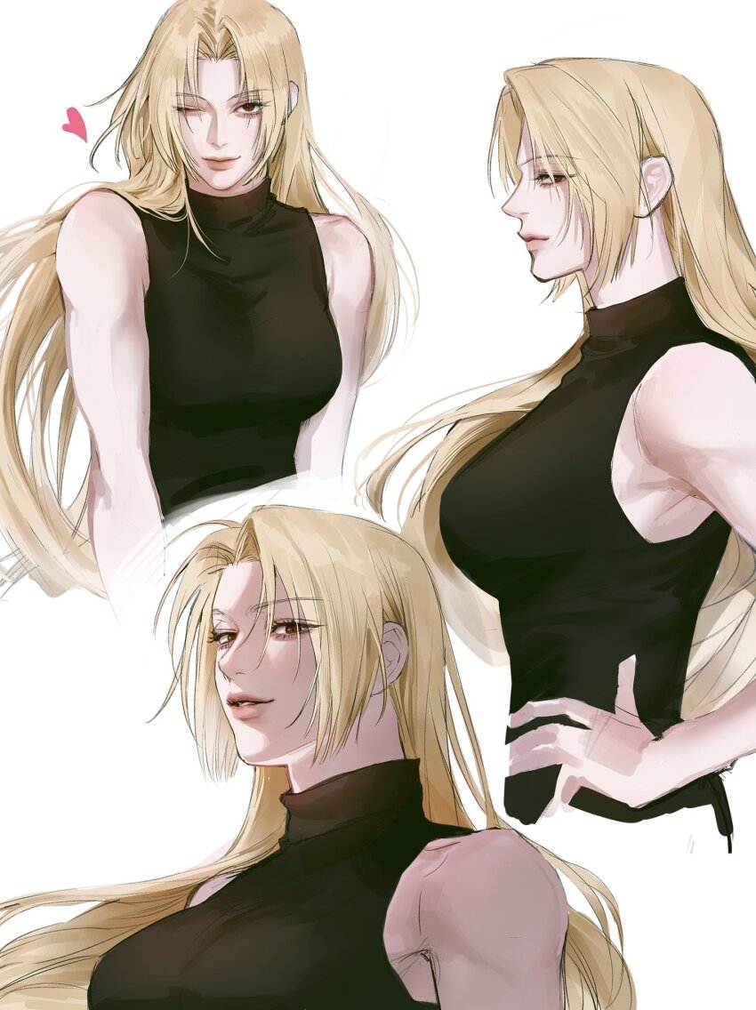 1girl, armpit_crease, armpits, bare_shoulders, black_shirt, blonde_hair, breasts, closed_mouth, commentary, dang0_23, eyeshadow, from_side, hair_between_eyes, hand_on_own_hip, heart, highres, jujutsu_kaisen, korean_commentary, large_breasts, lips, long_hair, looking_at_viewer, makeup, one_eye_closed, parted_lips, portrait, red_eyes, shirt, simple_background, smile, teeth, toned, toned_female, tsukumo_yuki_(jujutsu_kaisen), upper_body, white_background