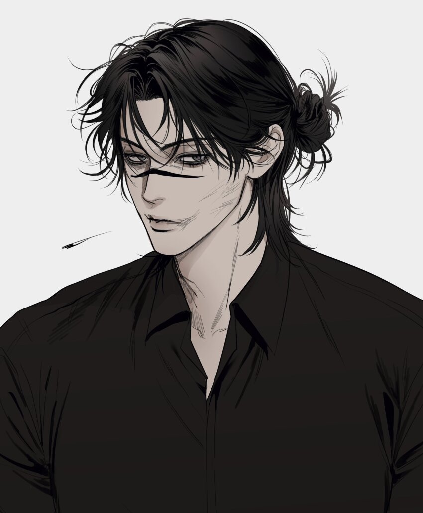 1boy, black_hair, black_shirt, choso_(jujutsu_kaisen), closed_mouth, collared_shirt, dang0_23, eyelashes