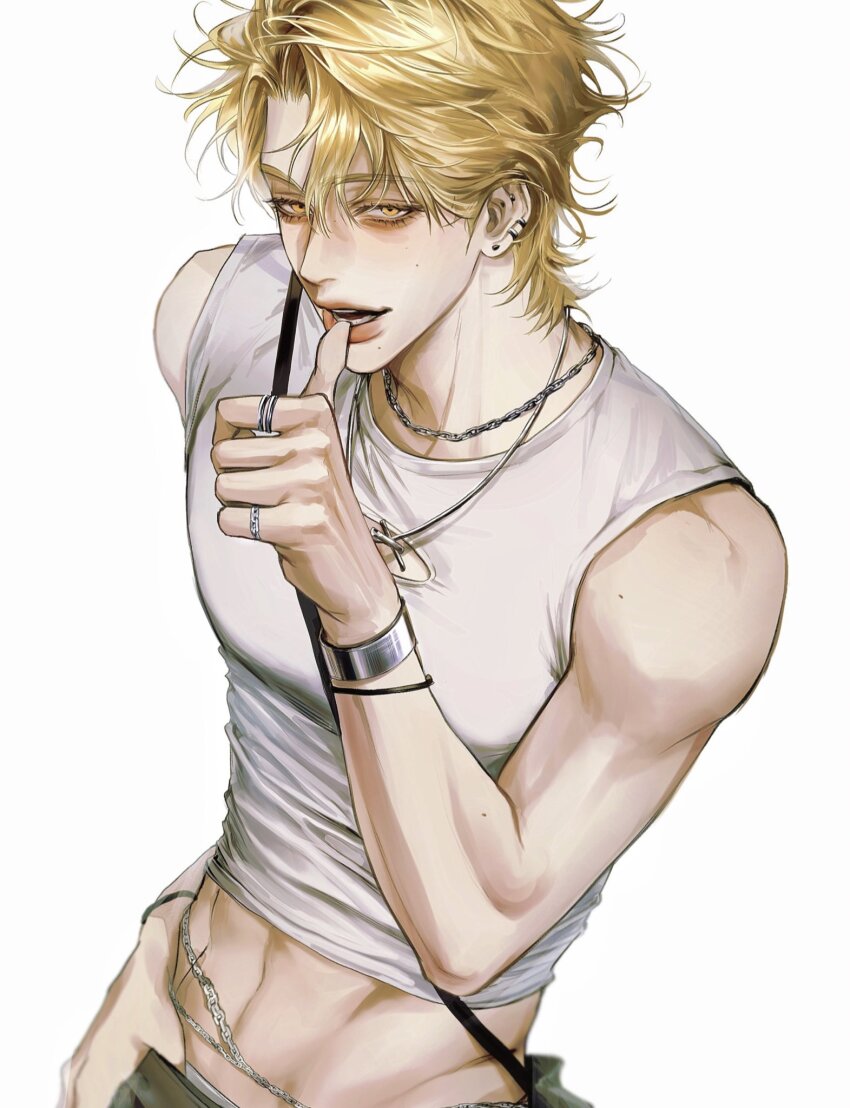 1boy, abs, bare_shoulders, blonde_hair, bracelet, brown_pants, chain, chain_leash