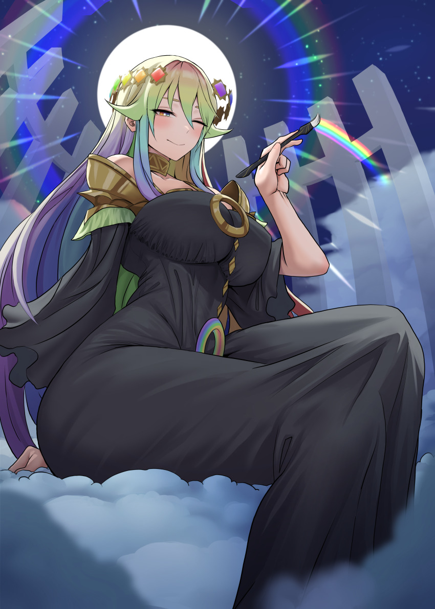 1girl, absurdres, black_dress, blush, breasts, closed_mouth, collarbone, dress, dryseaweed, duel_monster, full_moon, half-closed_eyes, highres, holding, holding_brush, large_breasts, long_hair, long_sleeves, looking_at_viewer, moon, multicolored_eyes, multicolored_hair, night, one_eye_closed, paintbrush, rainbow, sitting, sky, smile, solo, the_weather_painter_moonbow, the_weather_painter_rainbow, yu-gi-oh!