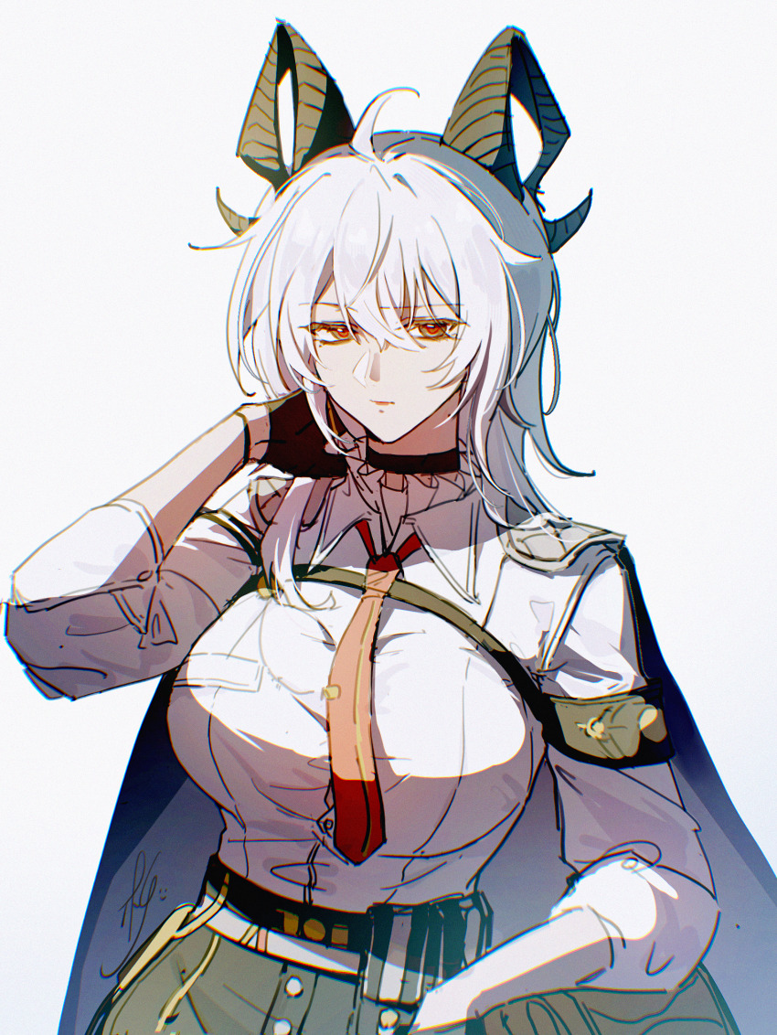 1girl, armband, black_armband, black_gloves, black_horns, black_jacket, black_pants, breasts