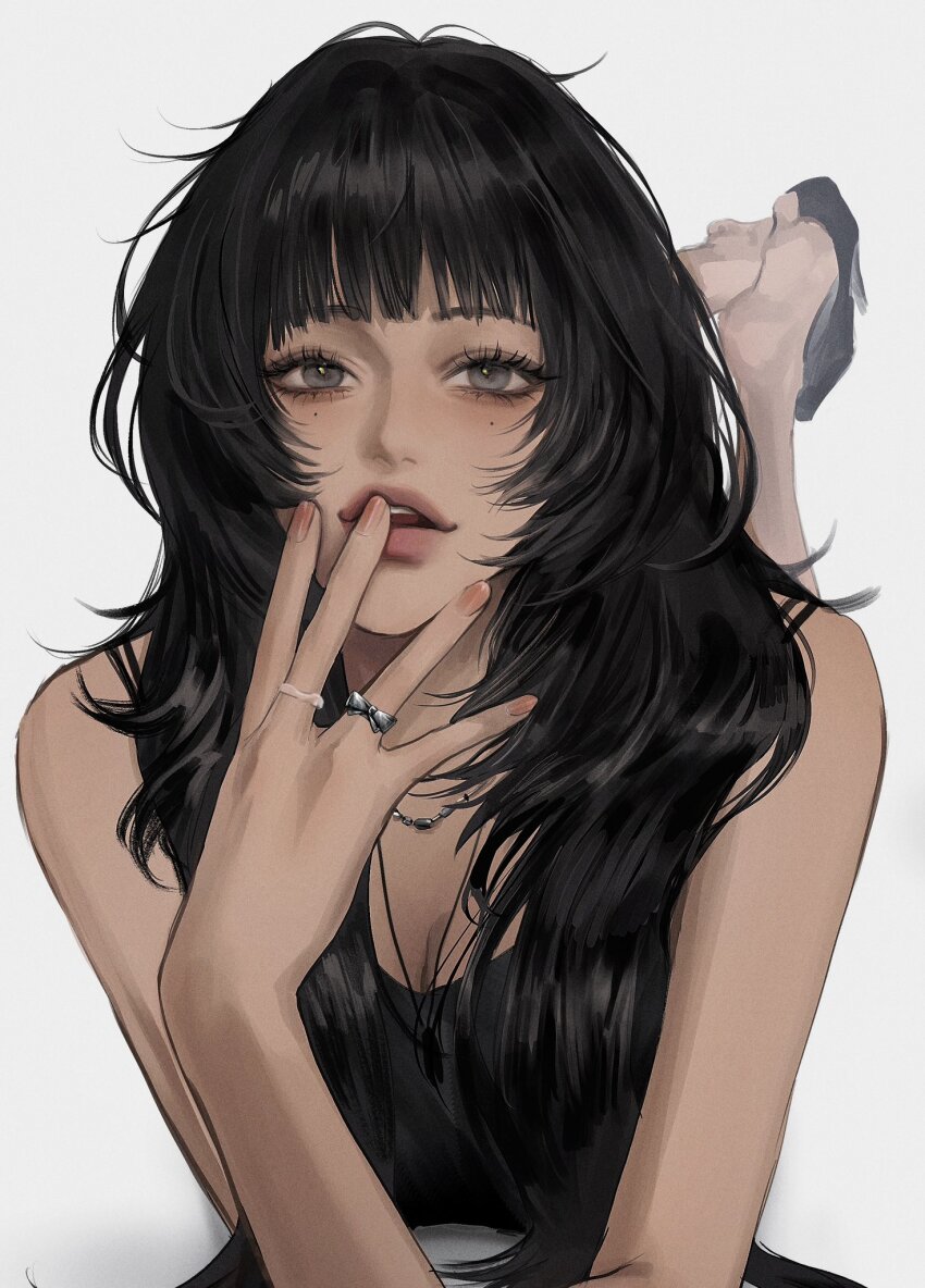 1girl, black_hair, black_shirt, black_shoes, blunt_bangs, breasts, cleavage, crop_top